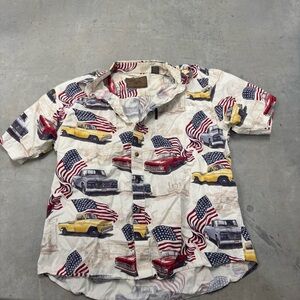 North River Short Sleeve Classic Cars‎ Button-Down Shirt Men Large American Flag